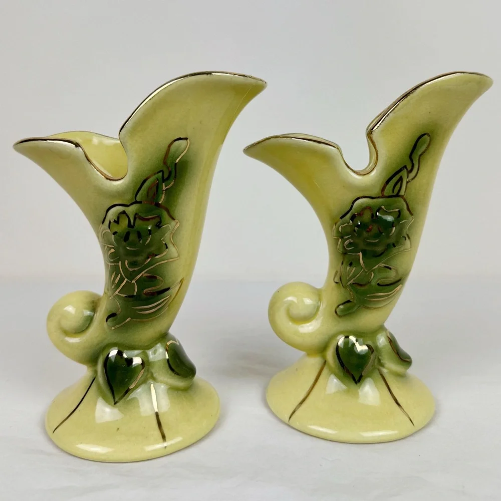Yellow Floral Cornucopia Vases- Set of Two - Picture 5 of 8